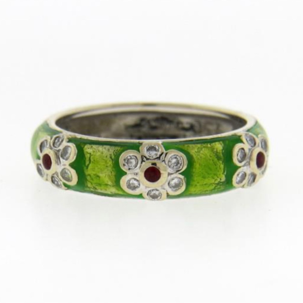 Hidalgo 18K WG Enamel Diamond Flower Band Stackable Ring